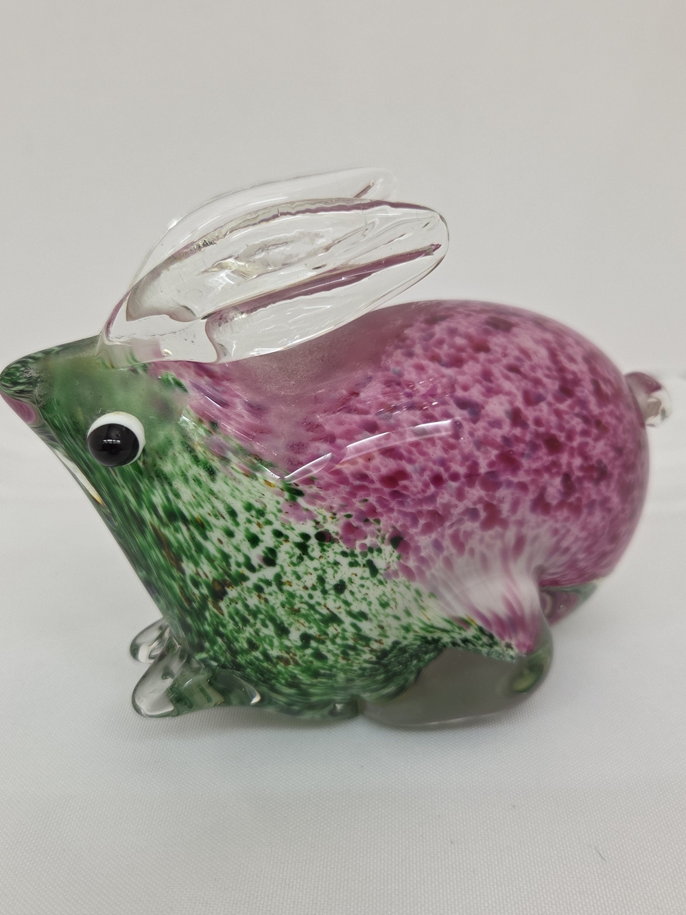Hand Blown Art Glass Rabbit Paperweight Speckled Pink & Green Decorative Accent